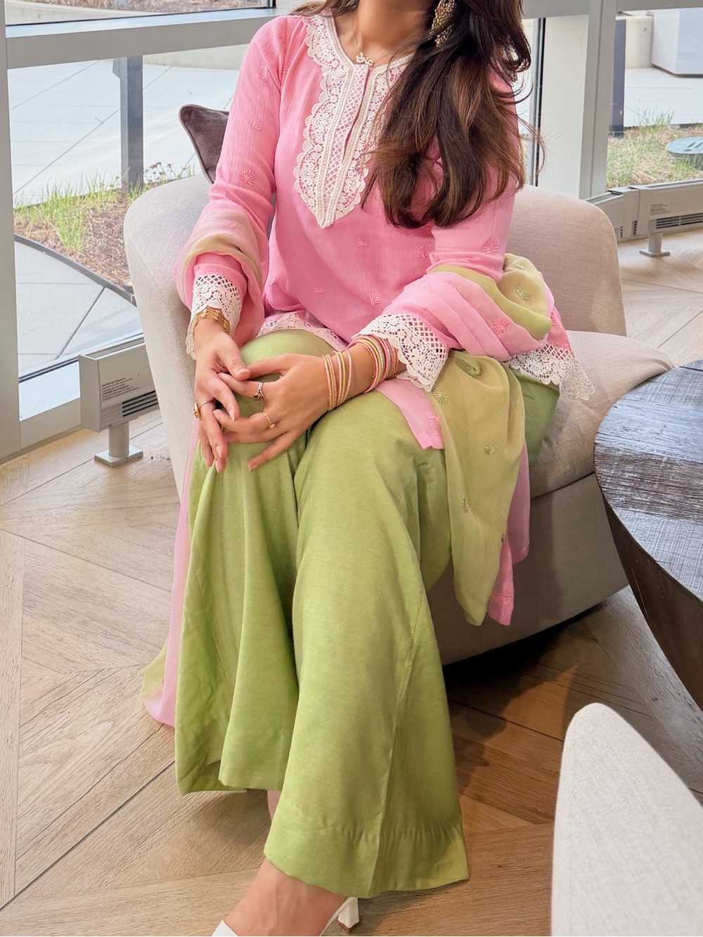 Women’s Pink & Green Wide-Leg Pants Set — Elegant Ethnic-Inspired Outfit